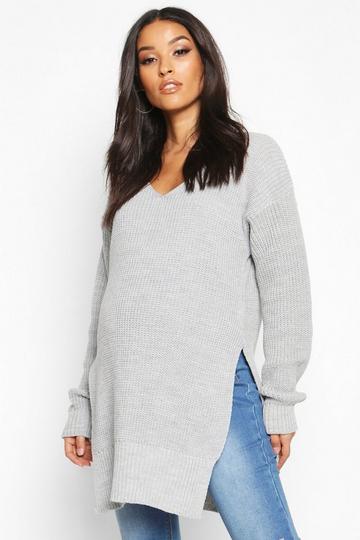 Maternity V-Neck Side Split Jumper light grey