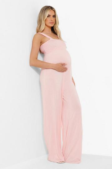 Blush Pink Maternity Shirred Wide Leg Jumpsuit