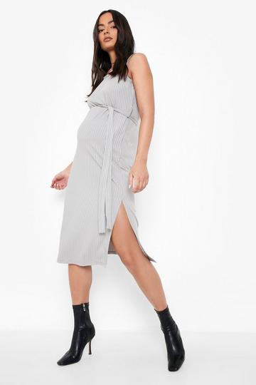 Maternity Ribbed Tie Midi Dress grey