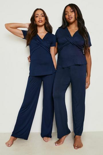 Navy Maternity Wrap Front Nursing Pyjama Trouser Set