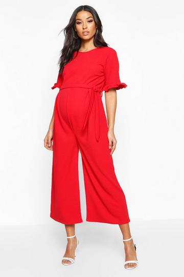 Red Maternity Tie Waist Ruffle Culotte Jumpsuit