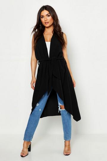Waterfall Belted Sleeveless Duster black