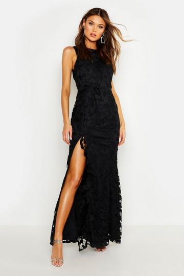 Lace Ruffle Split Maxi Dress black