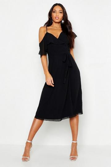 Black Chiffon Cold Shoulder Wrap Midi Skater Dress