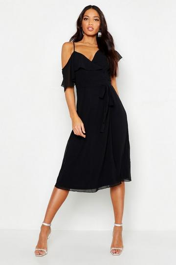 Chiffon Cold Shoulder Wrap Midi Skater Dress black