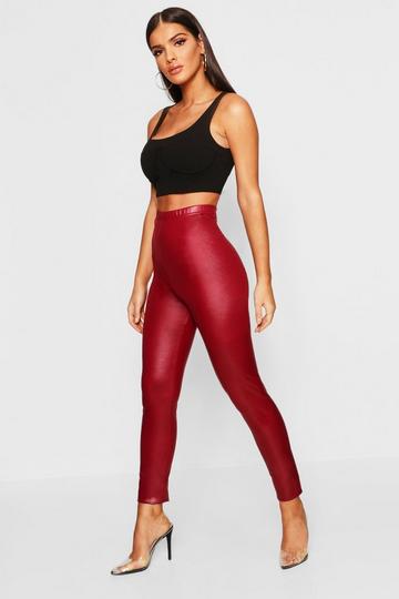 Burgundy Red High Waisted Leather Look Leggings
