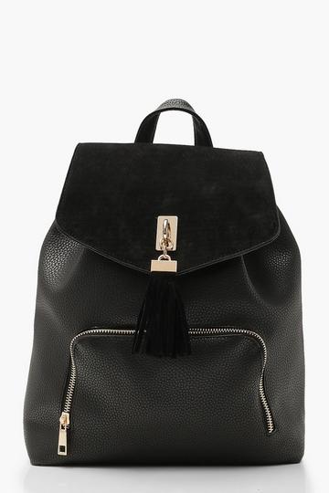 Black Suedette Tassel Trim Backpack
