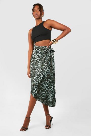 Multi Satin Leopard Wrap Midi Skirt