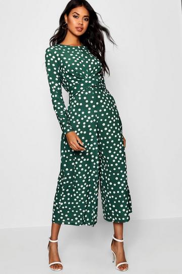 Green Twist Front Polka Dot Jumpsuit