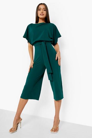 Green Slash Neck Tie Waist Culotte Jumpsuit