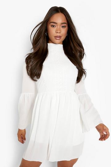 Boho Crochet Detail Wide Sleeve Smock Dress white