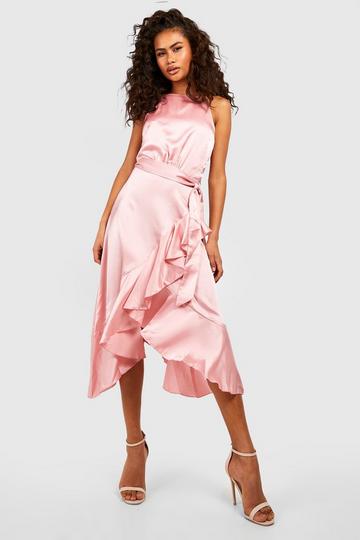 Satin Frill Wrap Midi Dress rose