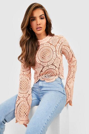 Turtle Neck Crochet Lace Crop Top nude