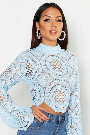 Turtle Neck Crochet Lace Crop Top sky