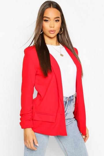 Red Ruched Sleeve Jersey Tailored Blazer