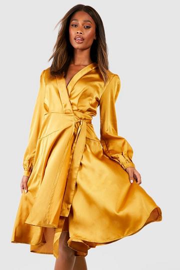 Missguided Satin Wrap Dress 4 S Small Mustard Yellow Bell Sleeve