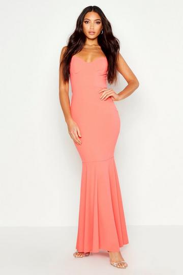 Coral Pink Fitted Fishtail Maxi Bridesmaid Dress