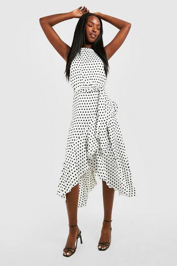 White Satin Polka Dot Frill Detail Midi Dress