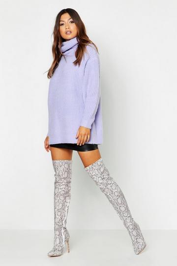 Lilac Purple Oversized Roll Neck Rib Knitted Jumper
