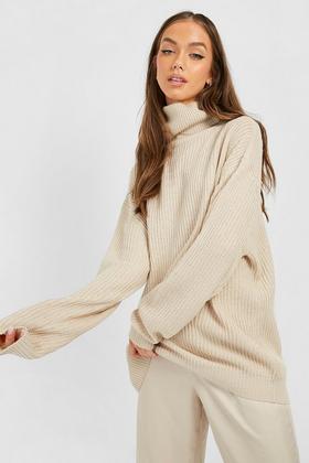 Stone Slouchy Longline Chunky Knitted Roll Neck Jumper