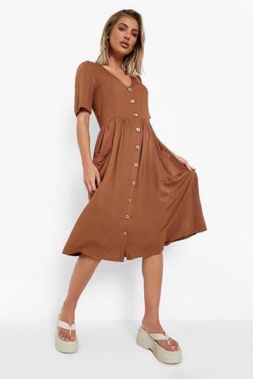 Button Front Pocket Detail Midi Dress tobacco