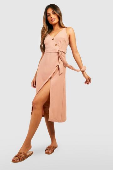 Button Front Woven Slip Dress nude