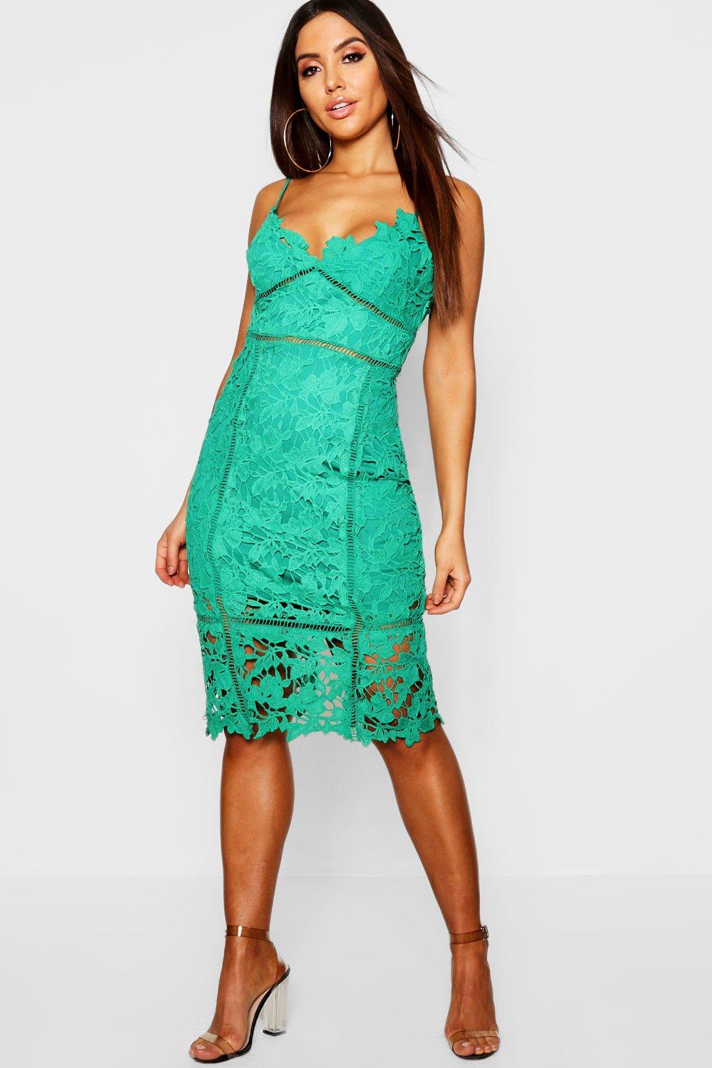 Emerald green plunge lace open back midi sales dress