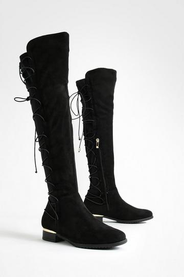 Bungee Lace Back Knee High Boots black