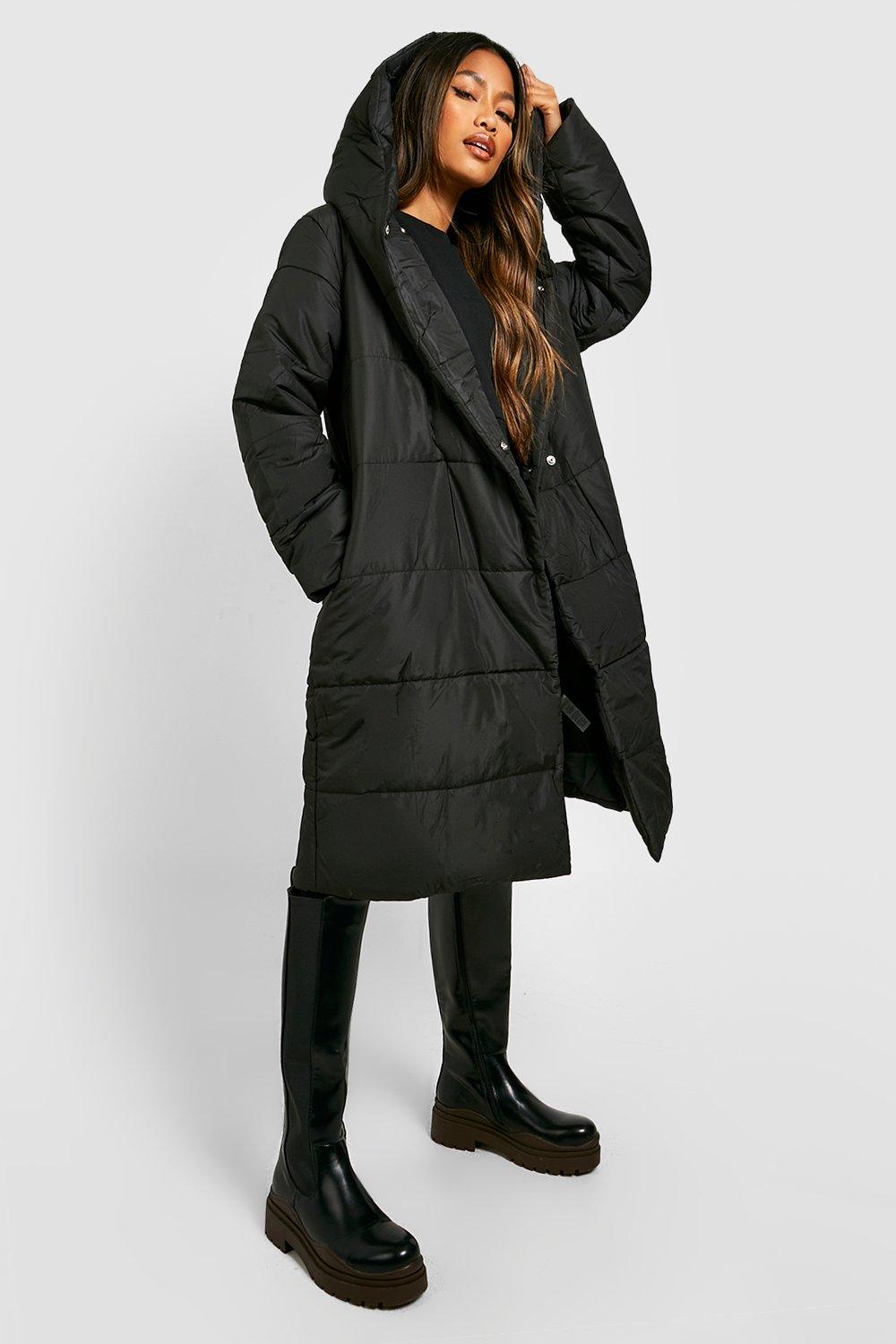 Boohoo longline padded coat sale with hood in black