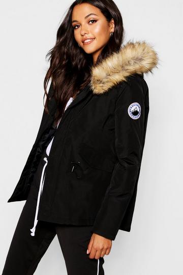Luxe Faux Fur Sporty Parka Coat black