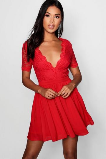 Lace Top Skater Dress red