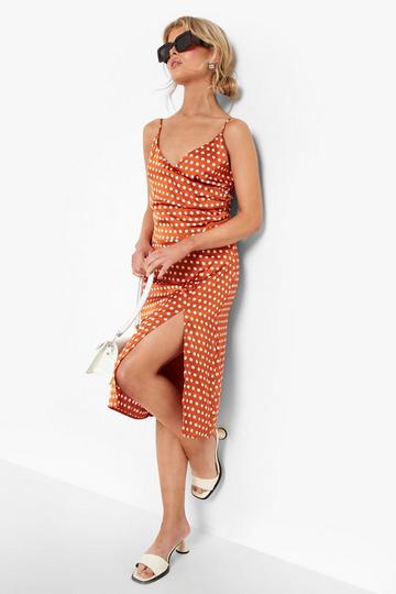 Boutique Satin Polka Dot Wrap Slip Dress burnt orange