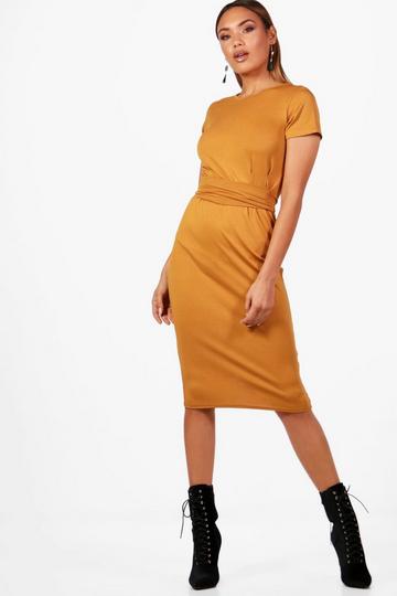 Jersey Crepe Pleat Front Belted Midi Dress mustard