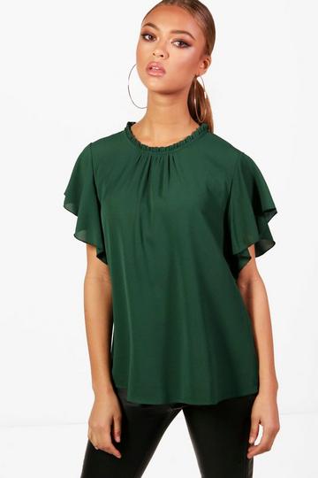 Woven Frill Sleeve And Neck Blouse forest