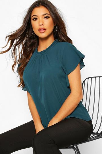 Teal Green Woven Frill Sleeve And Neck Blouse