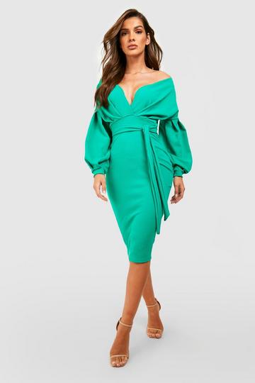 Green Off the Shoulder Wrap Midi Dress
