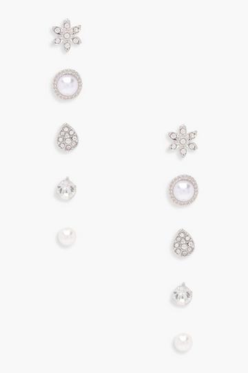 Eva Pearl And Diamante Studs 5 Pack silver