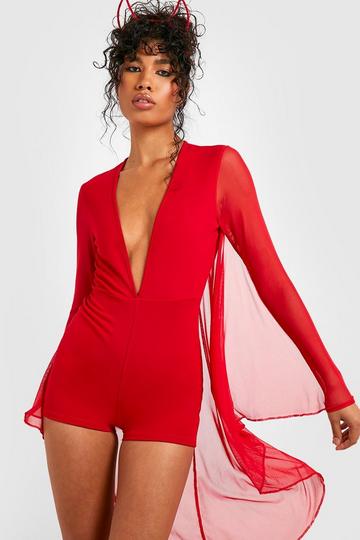 Halloween Mesh Cape Plunge Playsuit red