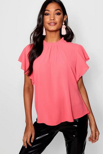 Coral Pink Woven Frill Sleeve And Neck Blouse