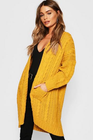 Mustard Yellow Oversized Slouchy Cable Knit Cardigan