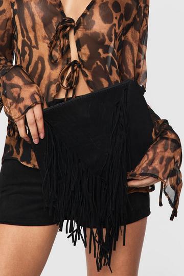 Black Suedette Fringed Cross Body Bag