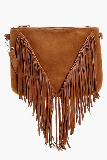 Tan Brown Suedette Fringed Cross Body Bag
