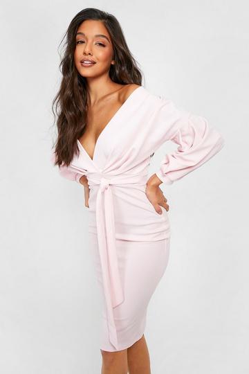 Coral Pink Off The Shoulder Wrap Midi Bodycon Dress