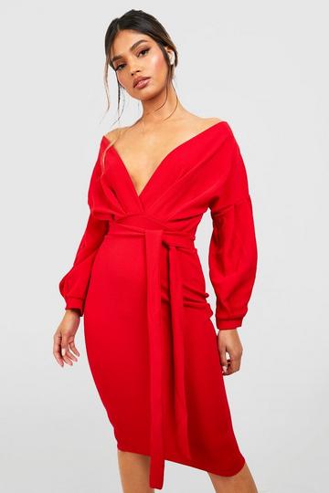 Off The Shoulder Wrap Midi Bodycon Dress red