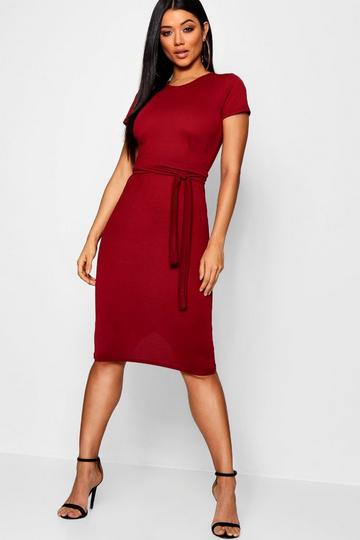 Jersey Knit Crepe Pleat Front Belted Midi Dress berry