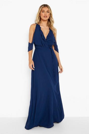 Navy Chiffon Frill Wrap Maxi Bridesmaid Dress