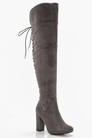 Grey Lace Back Block Heel Over The Knee High Chelsea