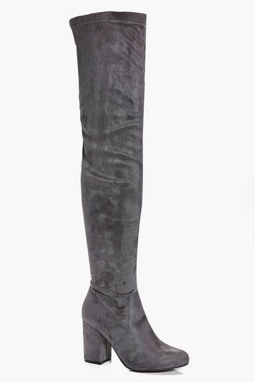 Grey Eloise Block Heel Thigh High Boots