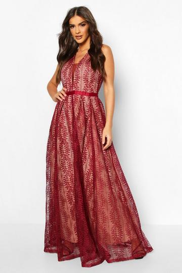 Boutique Lace Plunge Maxi Bridesmaid Dress berry