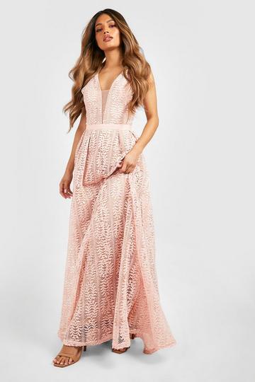 Boutique Lace Plunge Maxi Bridesmaid Dress pink